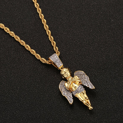 Gold Plated Two Tone Micro Zirconia Hands Together Angel Pendant Hip Hop Necklace