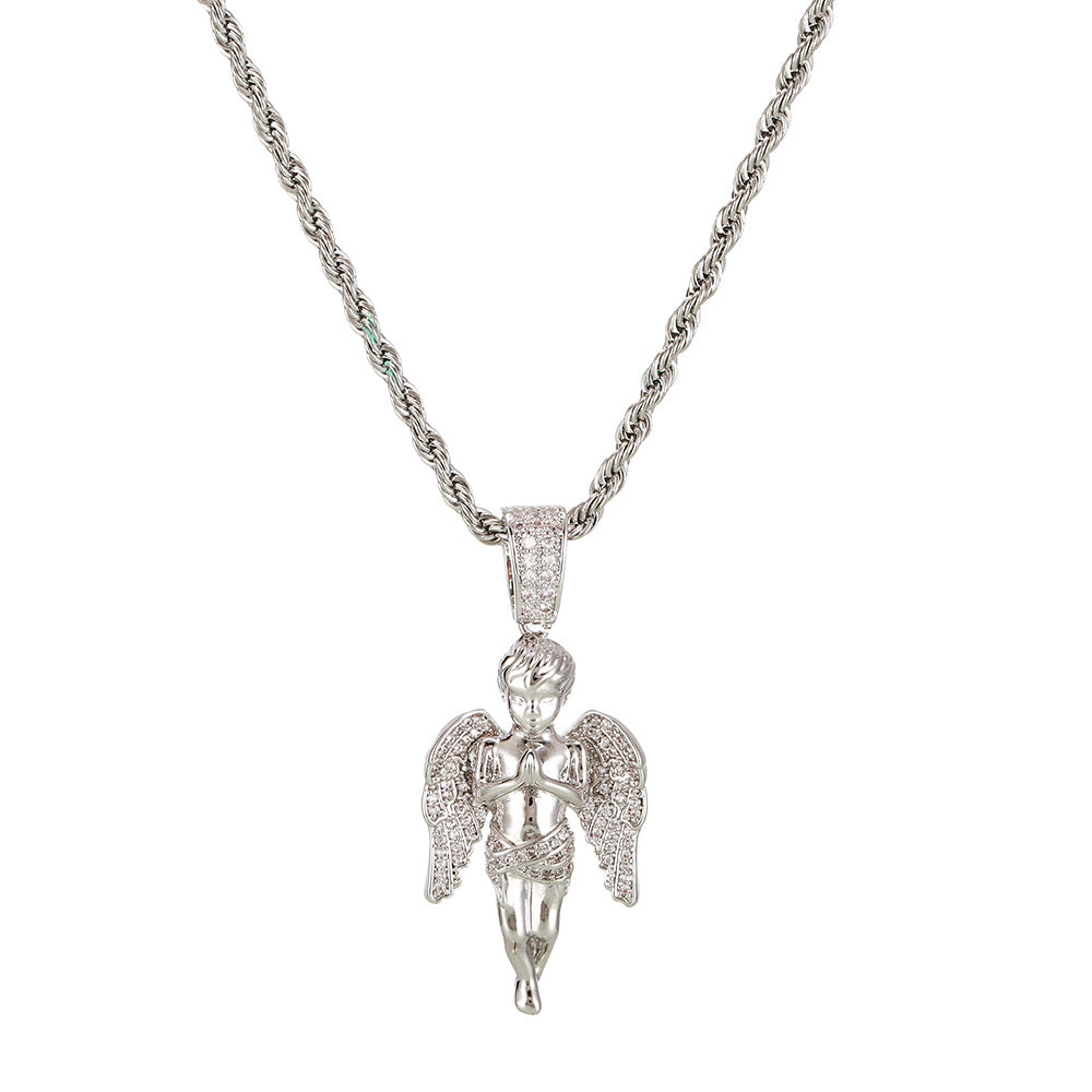 Gold Plated Two Tone Micro Zirconia Hands Together Angel Pendant Hip Hop Necklace