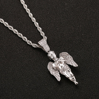 Gold Plated Two Tone Micro Zirconia Hands Together Angel Pendant Hip Hop Necklace