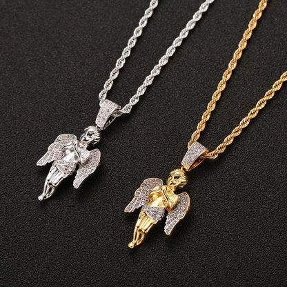 Gold Plated Two Tone Micro Zirconia Hands Together Angel Pendant Hip Hop Necklace