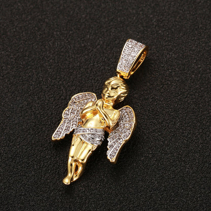 Gold Plated Two Tone Micro Zirconia Hands Together Angel Pendant Hip Hop Necklace