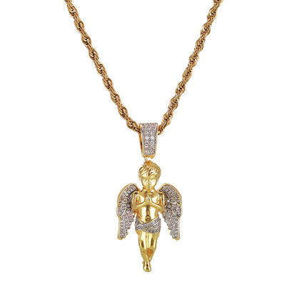 Gold Plated Two Tone Micro Zirconia Hands Together Angel Pendant Hip Hop Necklace