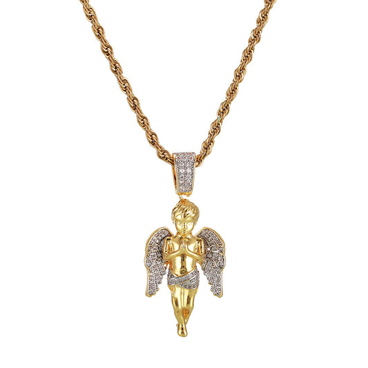 Gold Plated Two Tone Micro Zirconia Hands Together Angel Pendant Hip Hop Necklace