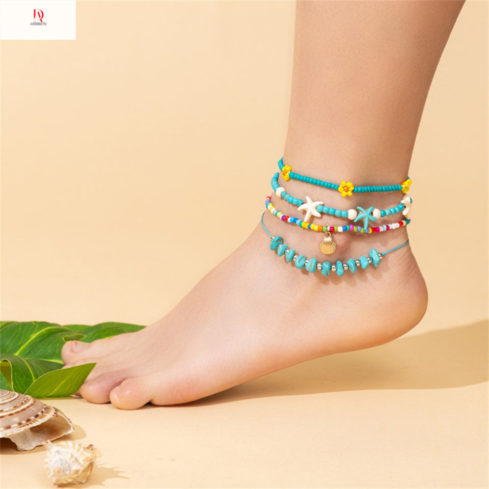 New!! Rice bead small daisy anklet starfish turquoise summer beach surfing ankle chain