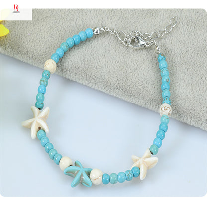 New!! Rice bead small daisy anklet starfish turquoise summer beach surfing ankle chain