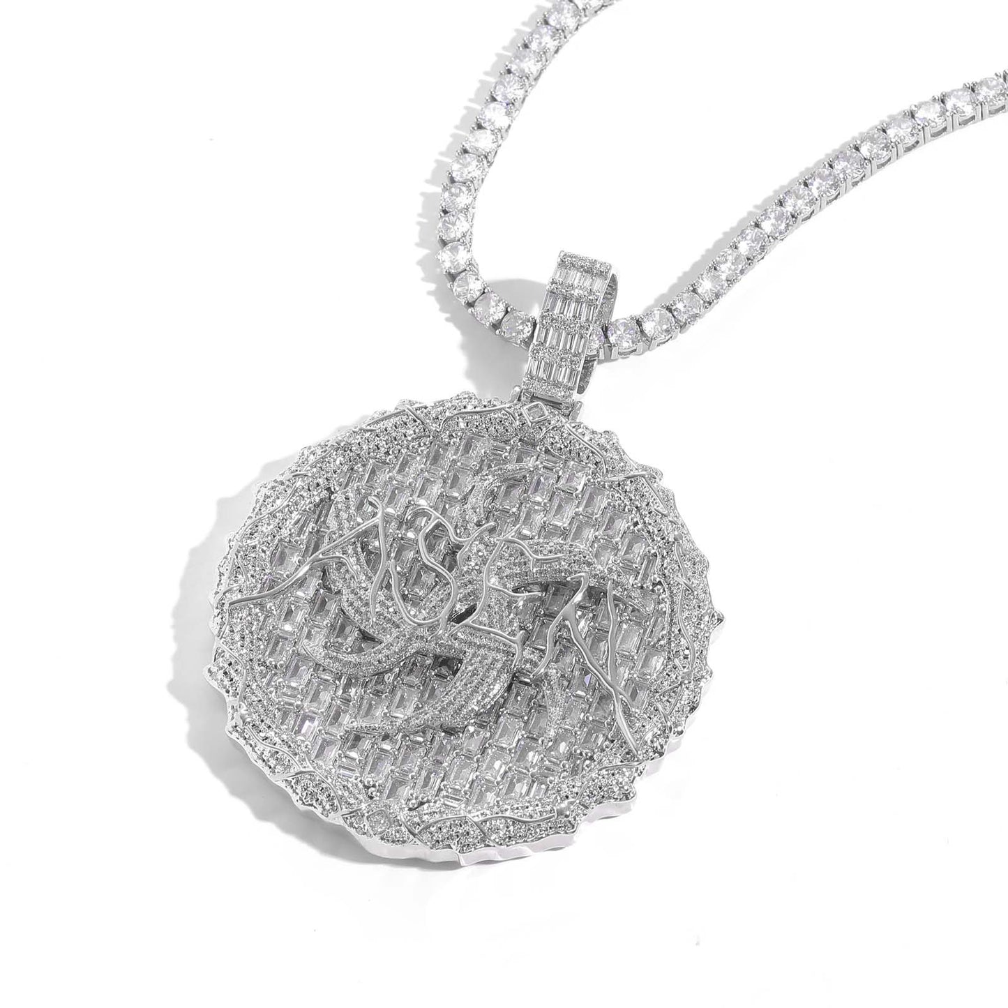 ASEN Large Round Cake Necklace T-Square Zircon Hip-Hop Pendant