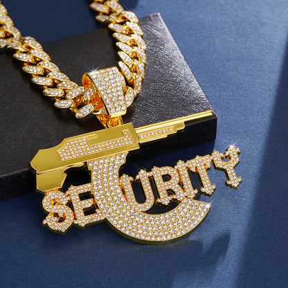 Hip Hop SEURITY Letter Pistol Pendant, High Quality Alloy Rhinestone Cuban Chain