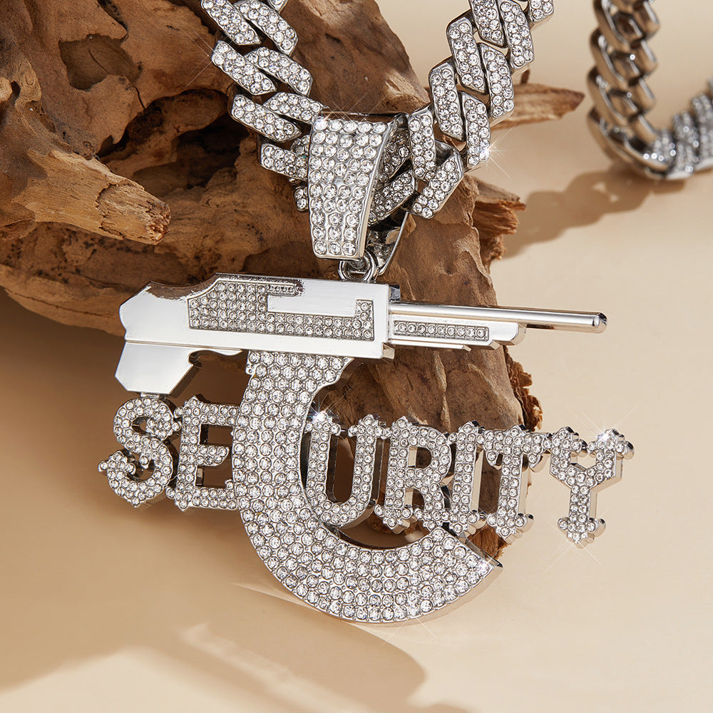 Hip Hop SEURITY Letter Pistol Pendant, High Quality Alloy Rhinestone Cuban Chain