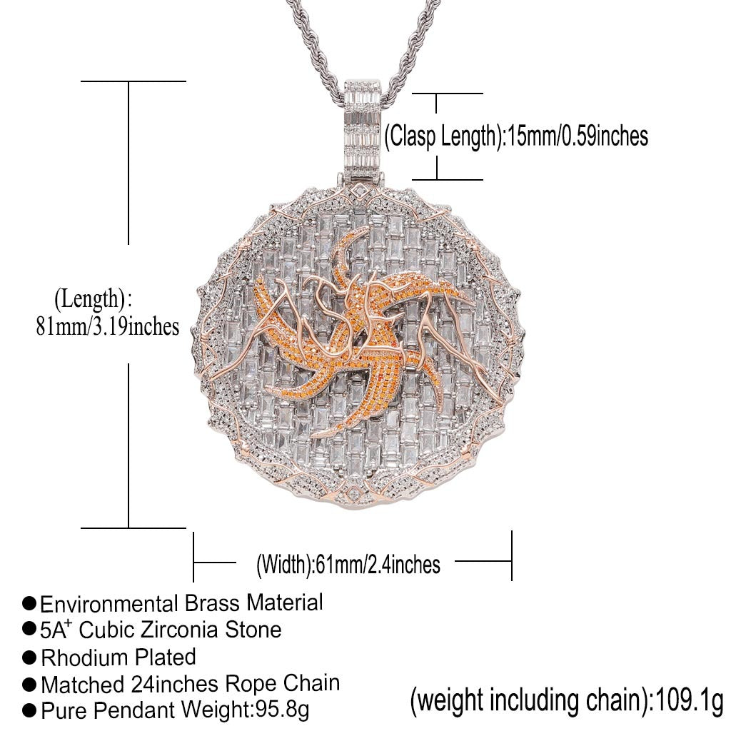 ASEN Large Round Cake Necklace T-Square Zircon Hip-Hop Pendant