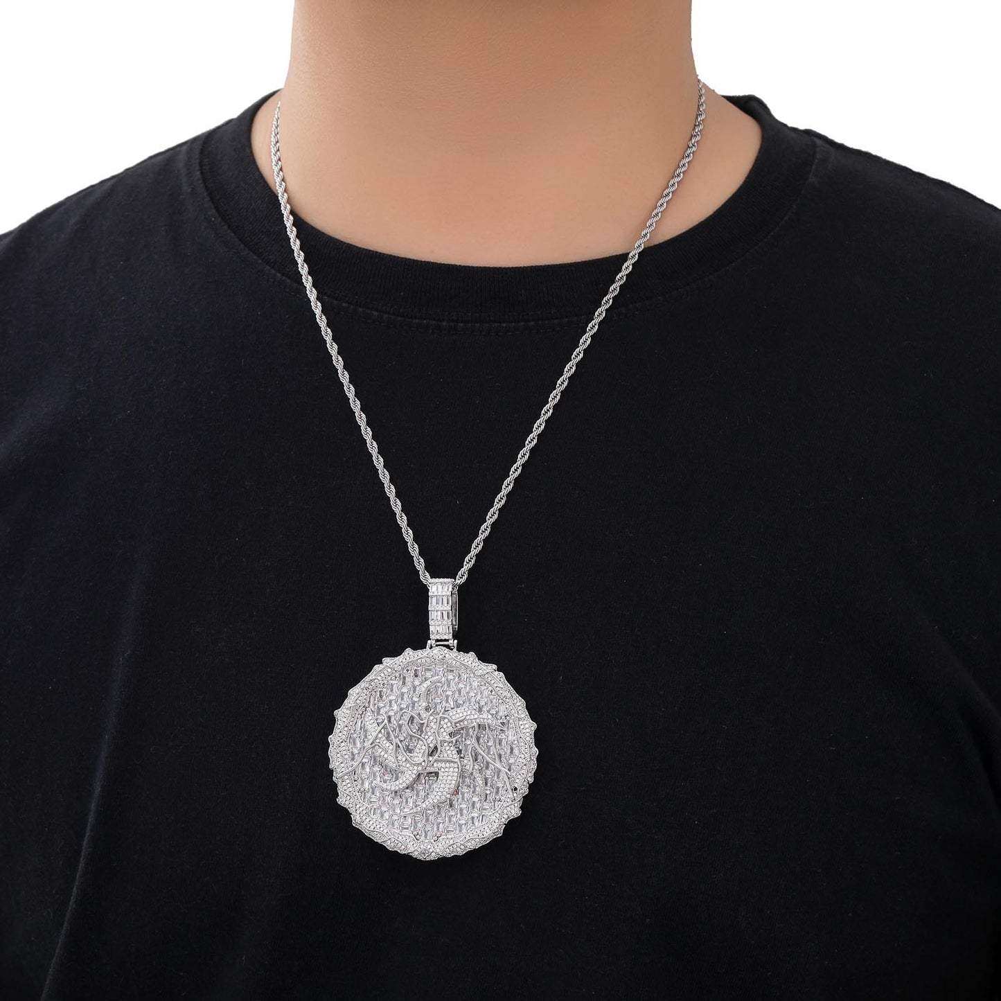 ASEN Large Round Cake Necklace T-Square Zircon Hip-Hop Pendant