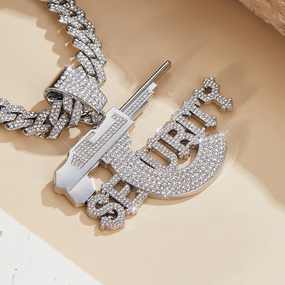 Hip Hop SEURITY Letter Pistol Pendant, High Quality Alloy Rhinestone Cuban Chain