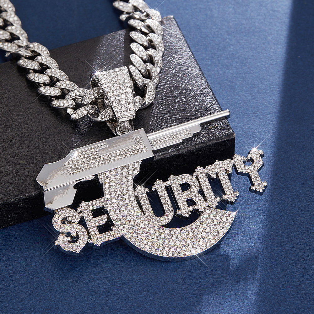 Hip Hop SEURITY Letter Pistol Pendant, High Quality Alloy Rhinestone Cuban Chain