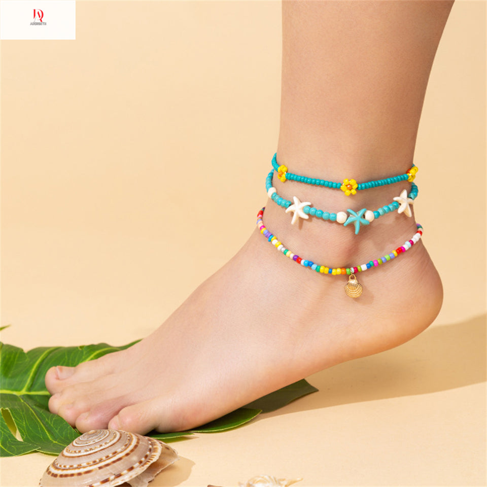 New!! Rice bead small daisy anklet starfish turquoise summer beach surfing ankle chain