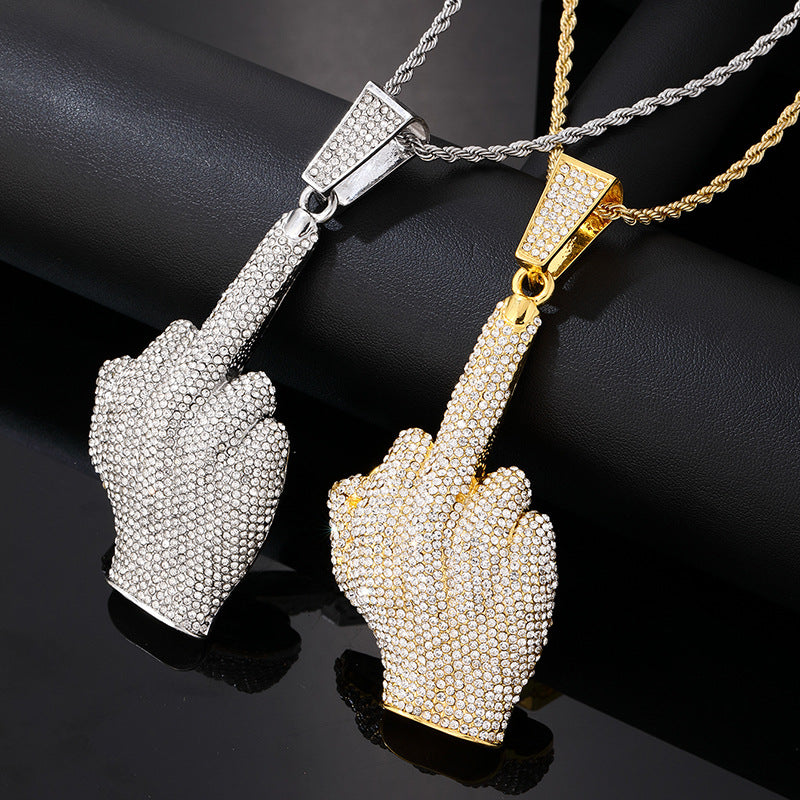 Middle Finger Alloy Diamond-Encrusted Hip-Hop Pendant