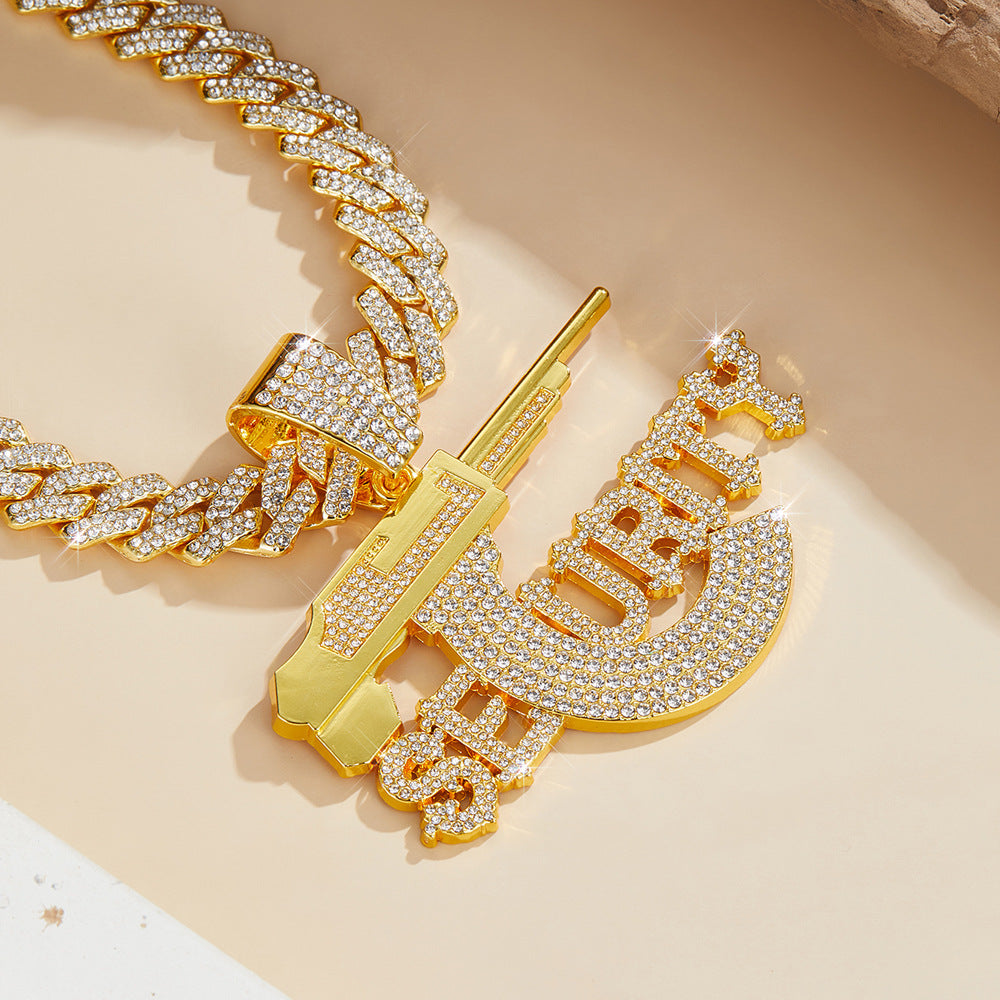 Hip Hop SEURITY Letter Pistol Pendant, High Quality Alloy Rhinestone Cuban Chain