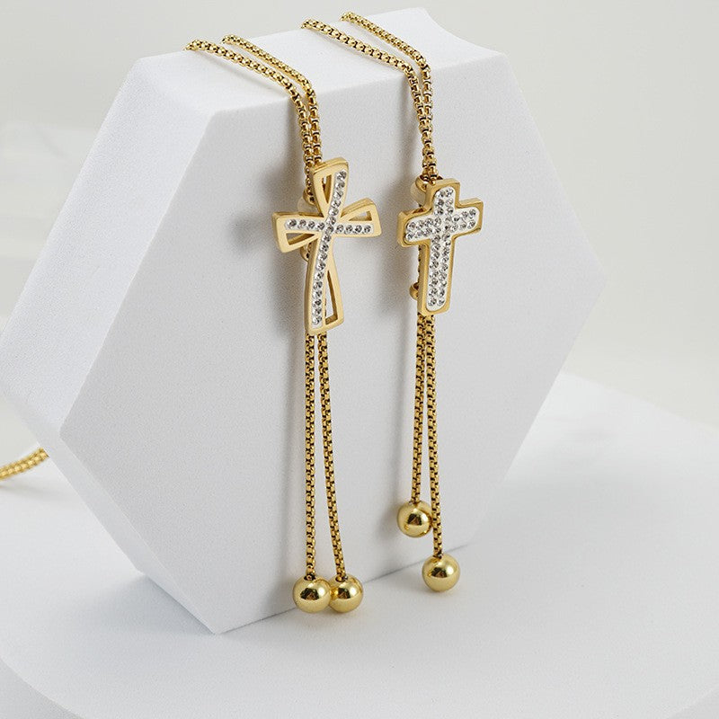 Baguette Cut Cross Bolo Tie Necklace