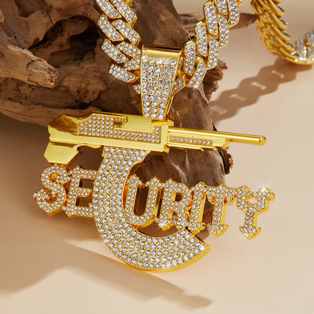 Hip Hop SEURITY Letter Pistol Pendant, High Quality Alloy Rhinestone Cuban Chain