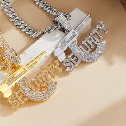 Hip Hop SEURITY Letter Pistol Pendant, High Quality Alloy Rhinestone Cuban Chain