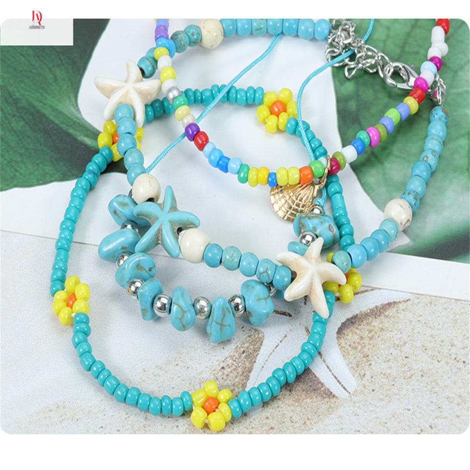 New!! Rice bead small daisy anklet starfish turquoise summer beach surfing ankle chain