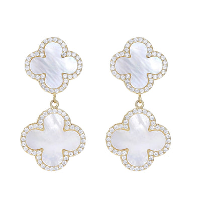 White Pearl Double Clover Drop Earrings