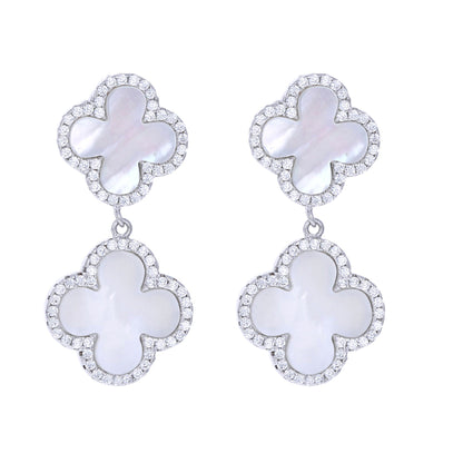 White Pearl Double Clover Drop Earrings