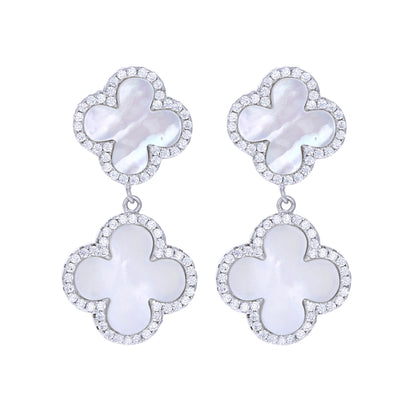 White Pearl Double Clover Drop Earrings