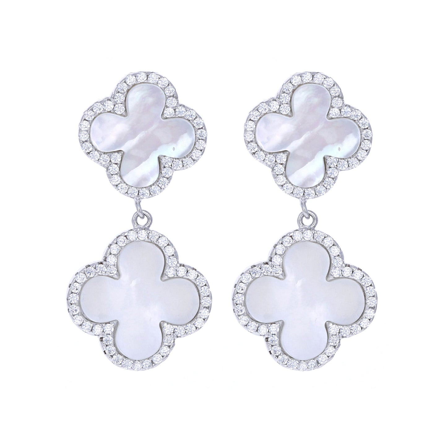 White Pearl Double Clover Drop Earrings