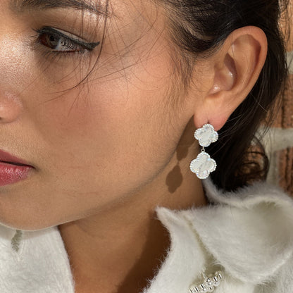 White Pearl Double Clover Drop Earrings