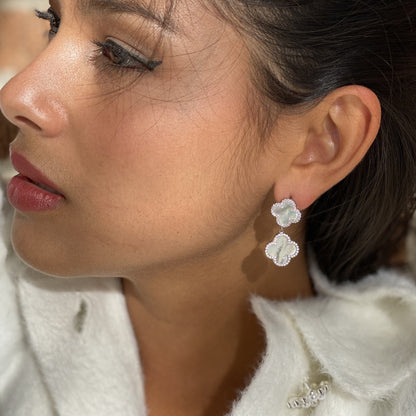 White Pearl Double Clover Drop Earrings