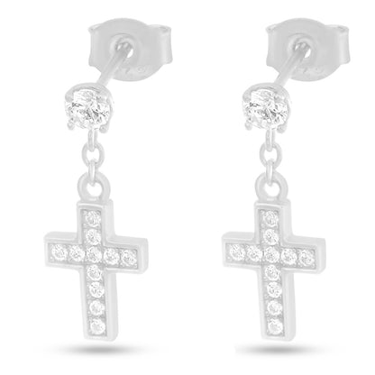 Iced Brilliant-Cut Hanging Cross Earrings